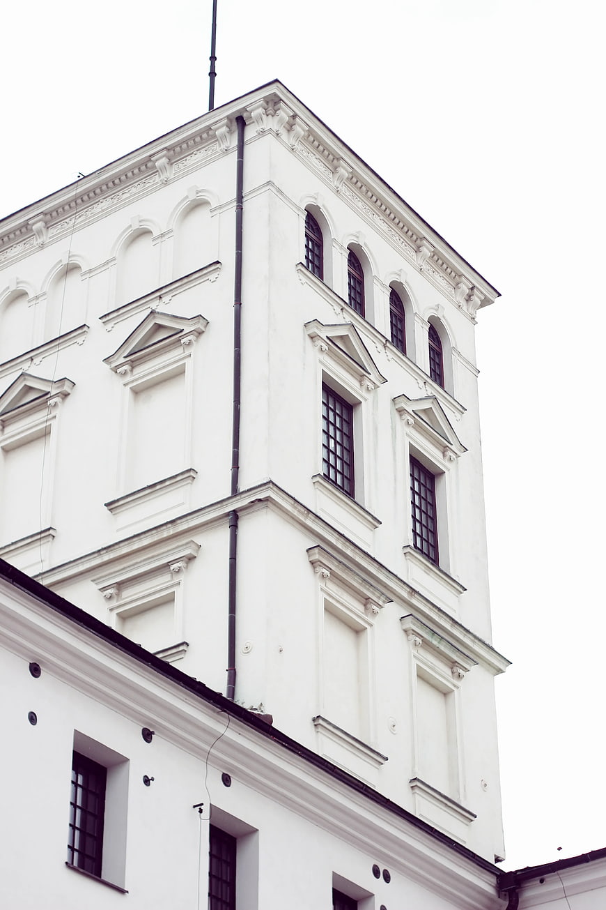 Low angle view of white historic building facade