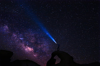 Silhouette of Man Shining Flashlight into Milky Way Galaxy