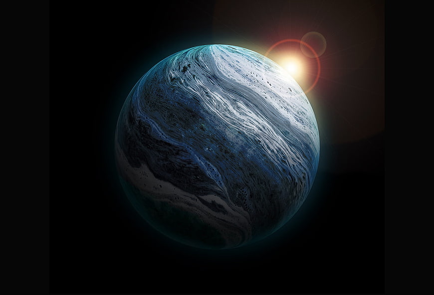 Dramatic Blue Gas Giant Planet with Lens Flare in Space