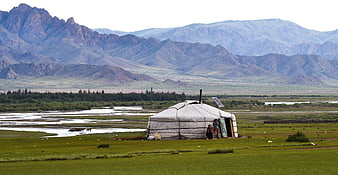 Traditional Mongolian Yurt in Altai Mountains Landscape