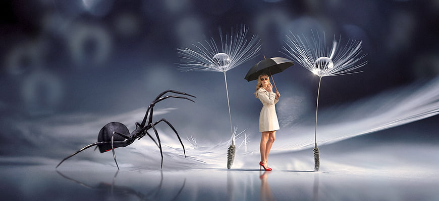 Surreal fantasy woman with umbrella facing giant spider