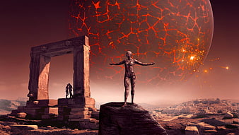 Surreal Sci-Fi Statue with Giant Lava Planet Background