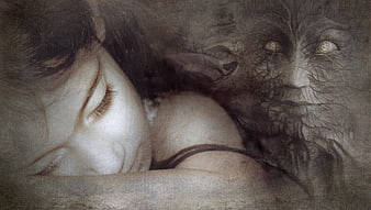 Surreal fantasy art of sleeping woman with shadow monster