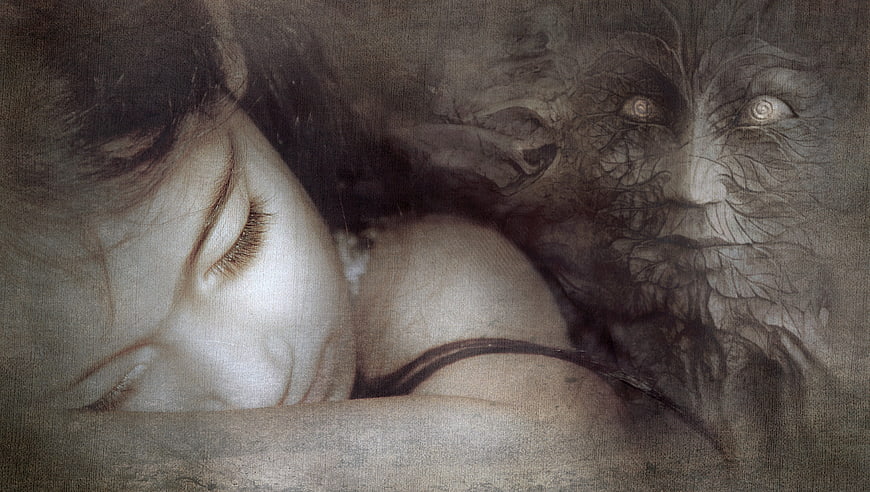 Surreal fantasy art of sleeping woman with shadow monster