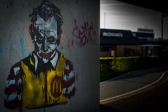 Gritty Ronald McDonald Joker Graffiti on Concrete Wall