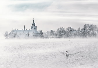 Misty Lake Landscape with Swan and Historic Architecture