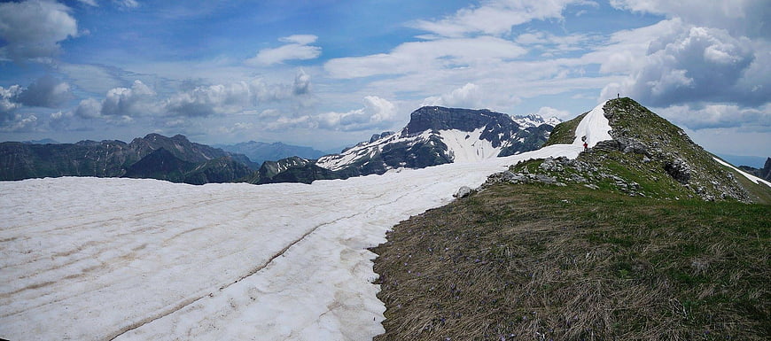 Panoramic Alpine Landscape with Snow and Hikers