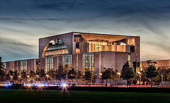 Federal Chancellery Berlin at Dusk with Dramatic Sky