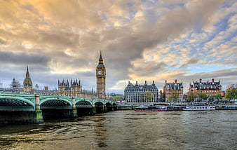 Big Ben and Westminster Bridge over River Thames at Sunset