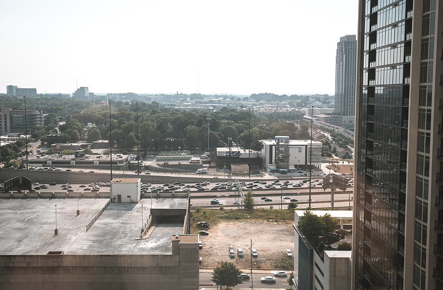 High Angle View of Urban Highway and Cityscape