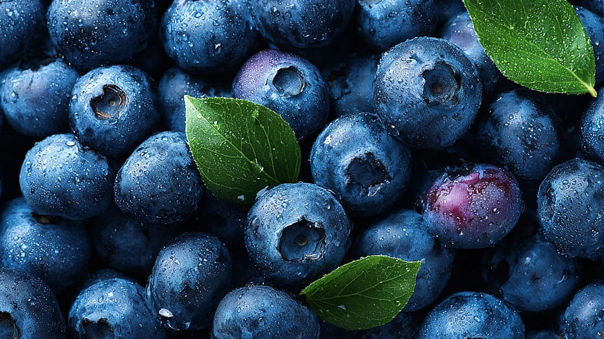 Close-up of Fresh Wet Blueberries with Green Leaves