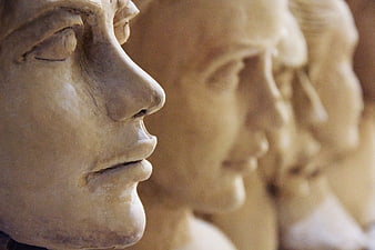 Close-up of ancient stone busts in profile