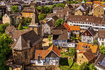 Aerial View of Historic German Town with Timber Framed Houses