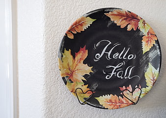 Hello Fall Chalkboard Plate with Autumn Leaves