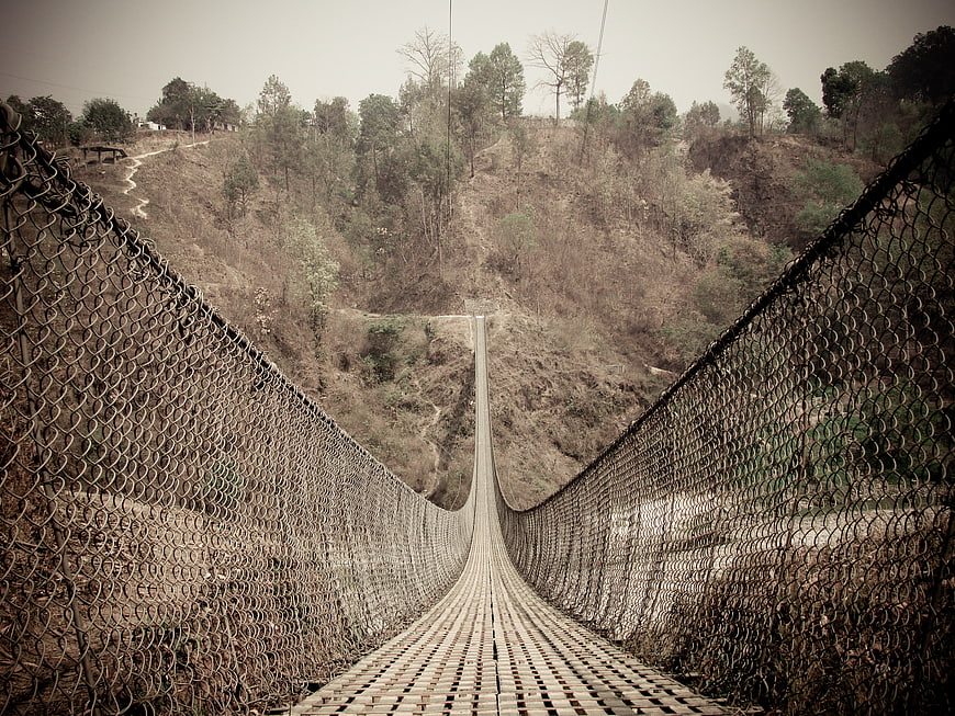 Suspenseful View Down a Rustic Suspension Bridge in Woods