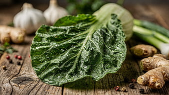 Fresh Green Leaf with Garlic and Ginger on Wood