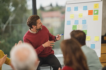 Businessman presenting strategy with sticky notes to team