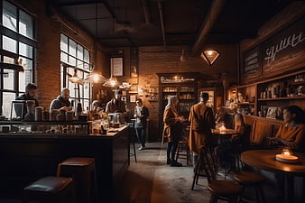 Cozy industrial coffee shop interior with customers and baristas