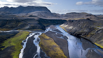 Aerial View of Braided River in Icelandic Volcanic Landscape