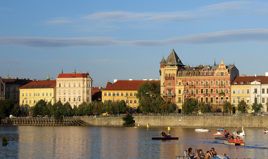 Prague Vltava River Embankment with Pedal Boats
