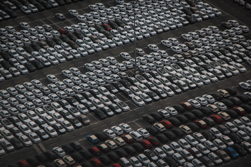 Aerial View of Massive Car Dealer Parking Lot