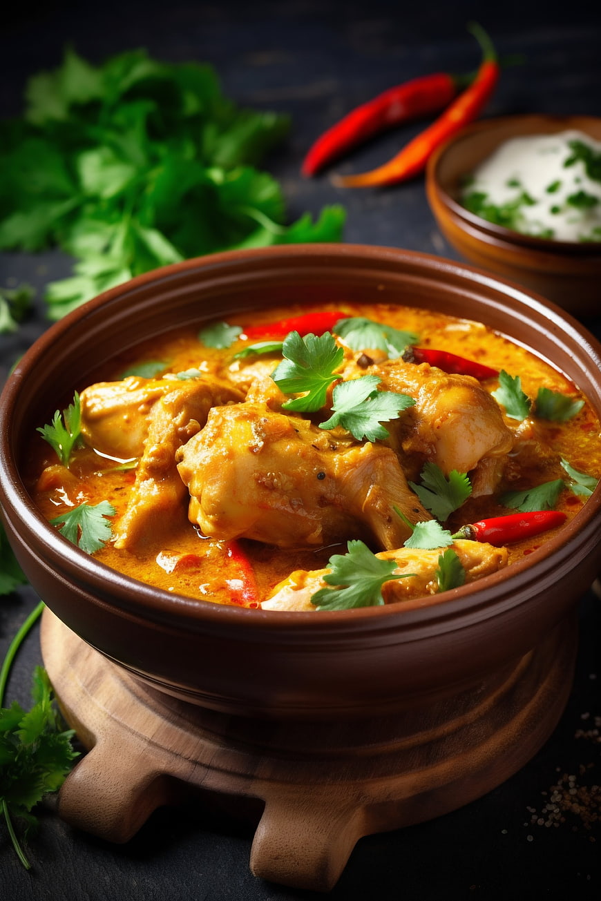 Spicy Indian Chicken Curry in Clay Bowl with Garnish