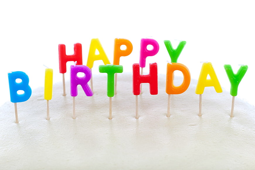 Colorful Happy Birthday Letter Candles on White Cake