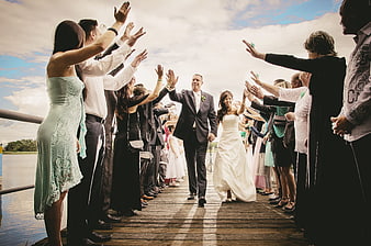 Bride and Father Walking Down Wooden Dock at Outdoor Wedding Ceremony