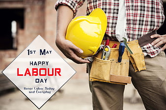 Happy Labour Day Poster With Construction Worker Holding Yellow Hard Hat