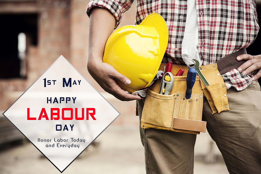 Happy Labour Day Poster With Construction Worker Holding Yellow Hard Hat