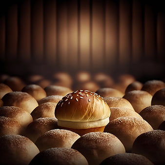 Golden Sesame Bun Hero Shot Among Bread Rolls