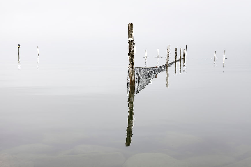 Minimalist wooden posts and net in foggy calm water