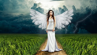 Fantasy woman with angel wings holding a sword in a stormy field