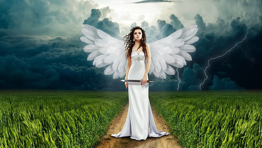 Fantasy woman with angel wings holding a sword in a stormy field