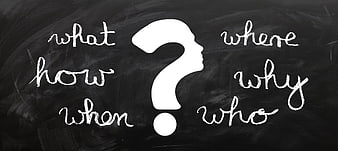 Question mark silhouette with what, where, how, why, when, who on blackboard