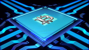 Bitcoin Logo On Glowing Blue Microchip Processor