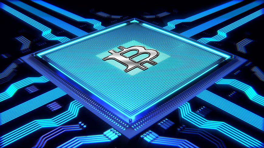 Bitcoin Logo On Glowing Blue Microchip Processor