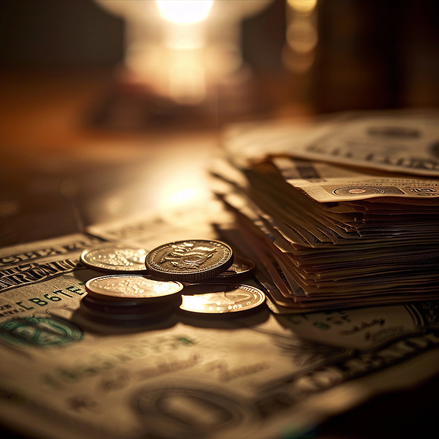 Stacks of US Dollar Bills and Coins on Wooden Table