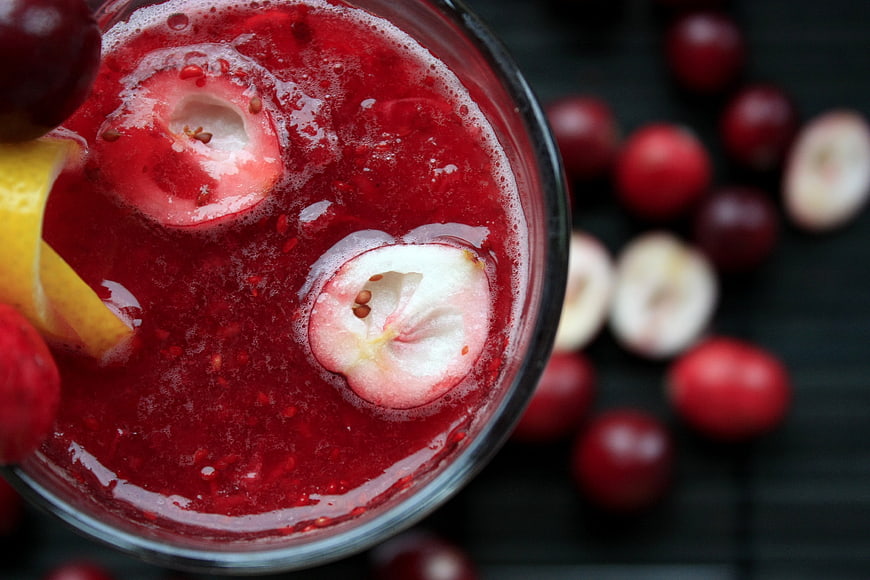 Overhead View of Cranberry Smoothie with Lemon and Fresh Berries