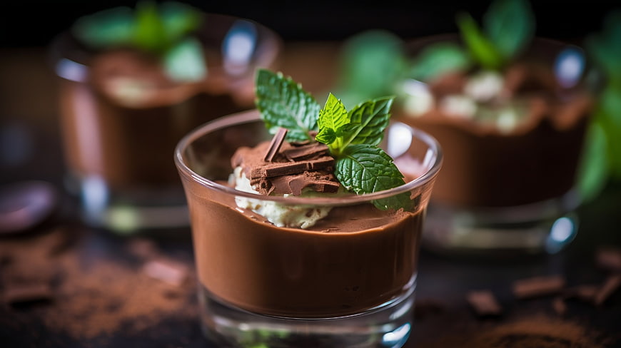 Chocolate mousse dessert with mint garnish in glass