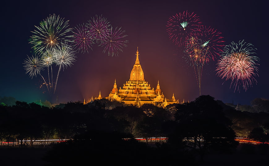 Shwezigon Pagoda Fireworks Night Sky Myanmar