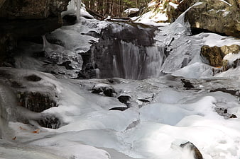 Frozen waterfall in winter forest with flowing water