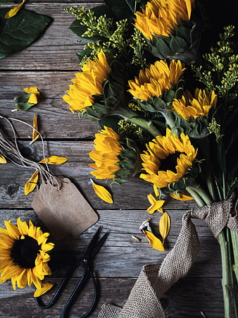 Rustic Sunflower Bouquet Flat Lay on Wooden Table
