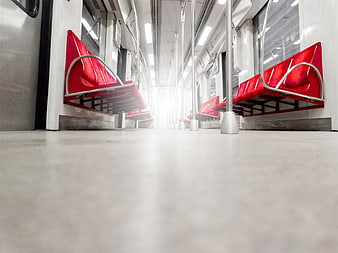 Low Angle View of Empty Modern Subway Car Interior