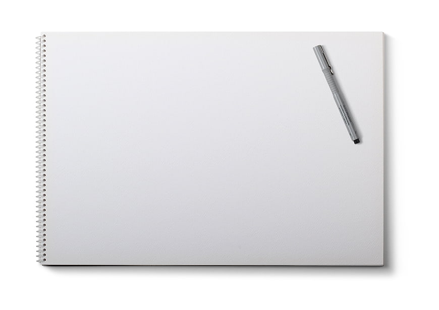 Blank white spiral notebook with pen on white background