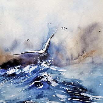 Watercolor painting of seagull flying over stormy ocean waves