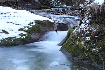 Long Exposure Winter Stream with Snow and Mossy Rocks