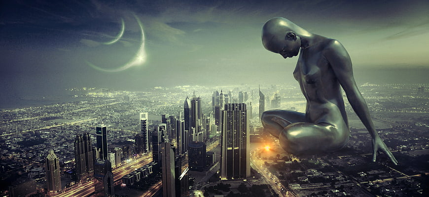 Surreal Giant Female Figure Meditating Over Nighttime City Skyline