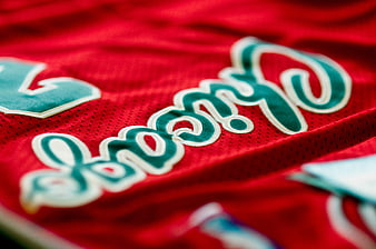 Close-up of red Chicago Bulls basketball jersey with green text