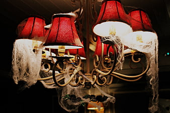 Vintage Chandelier with Red Shades and Halloween Spider Webs
